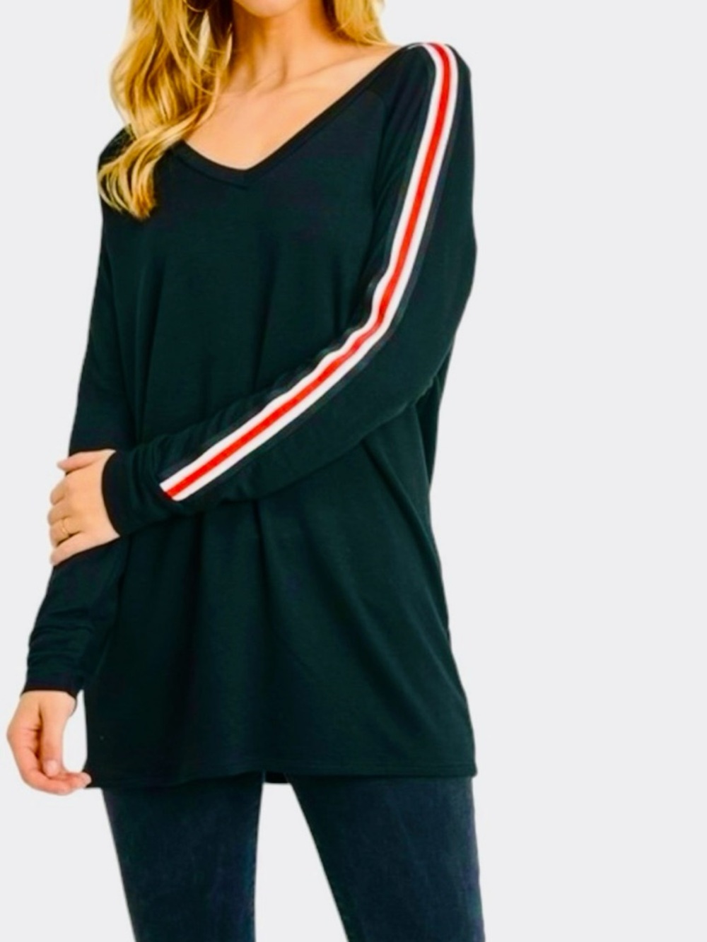 MAI SOLI Black V-Neck Tee Red White Varsity Stripe Long Sleeve Top Knit T-Shirt